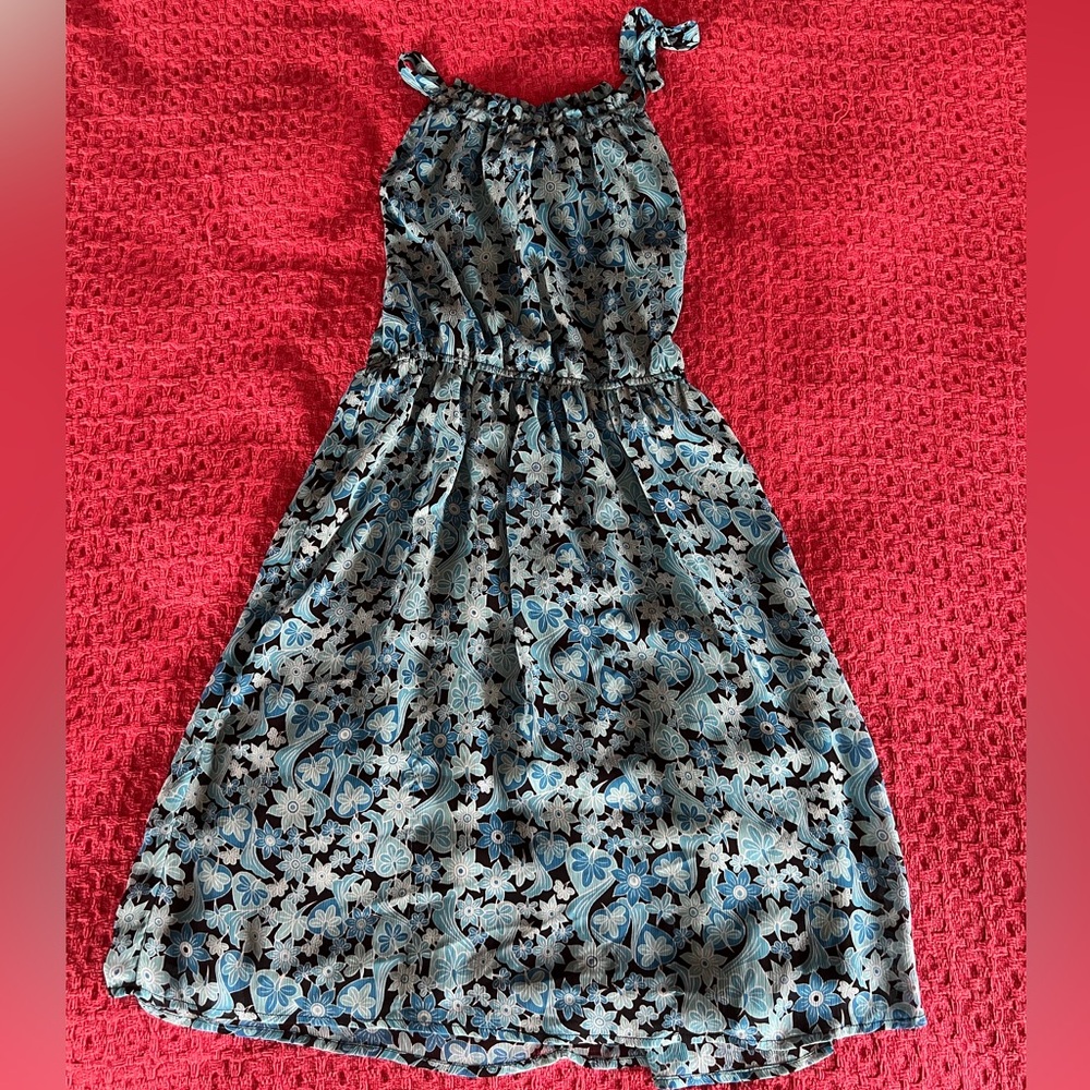 Romy Black and Blue Floral midi dress Sundress tank top sleeveless tie straps